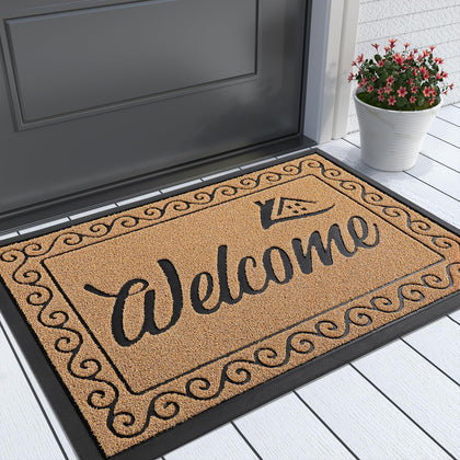 Yimobra welcome front door mat surface texture closeup traps dirt and debris.