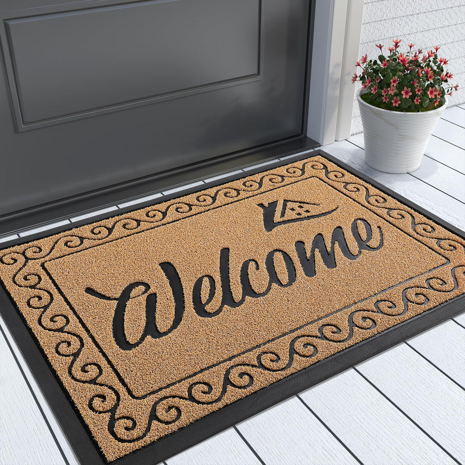 Yimobra welcome front door mat surface texture closeup traps dirt and debris.