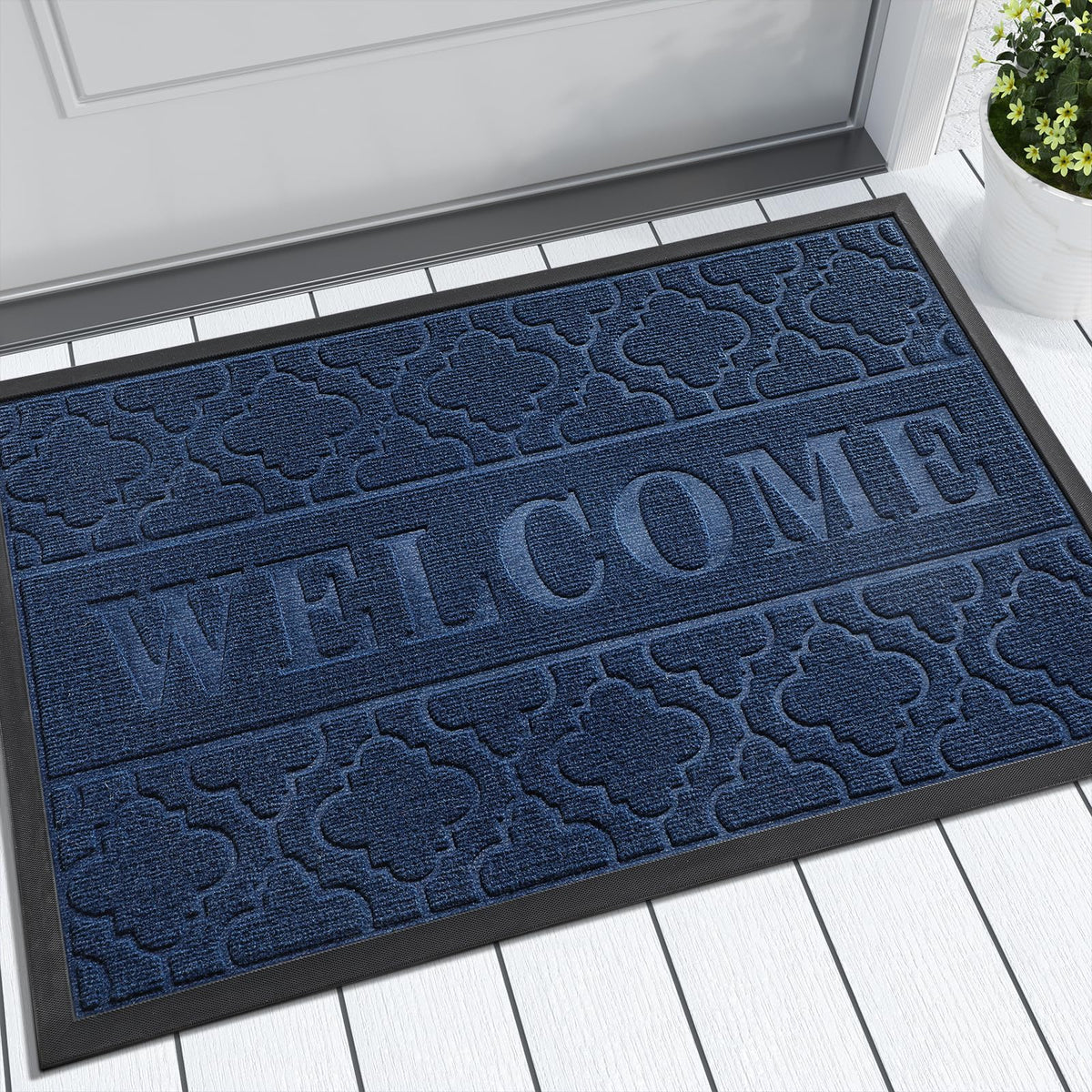 Yimobra welcome mat front view with blue color and dirt-trapping grooves.