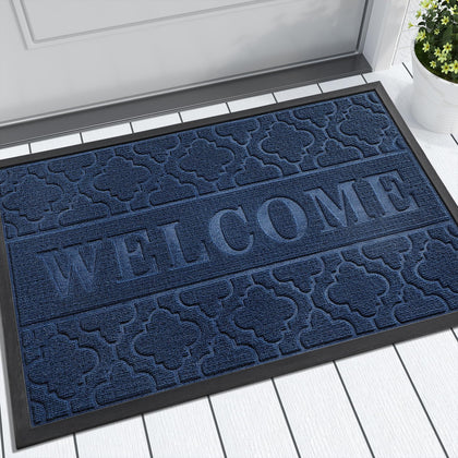 Yimobra welcome mat front view with blue color and dirt-trapping grooves.