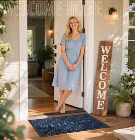 Yimobra welcome mat waterproof backing keeps the mat secure on outdoor entryways.