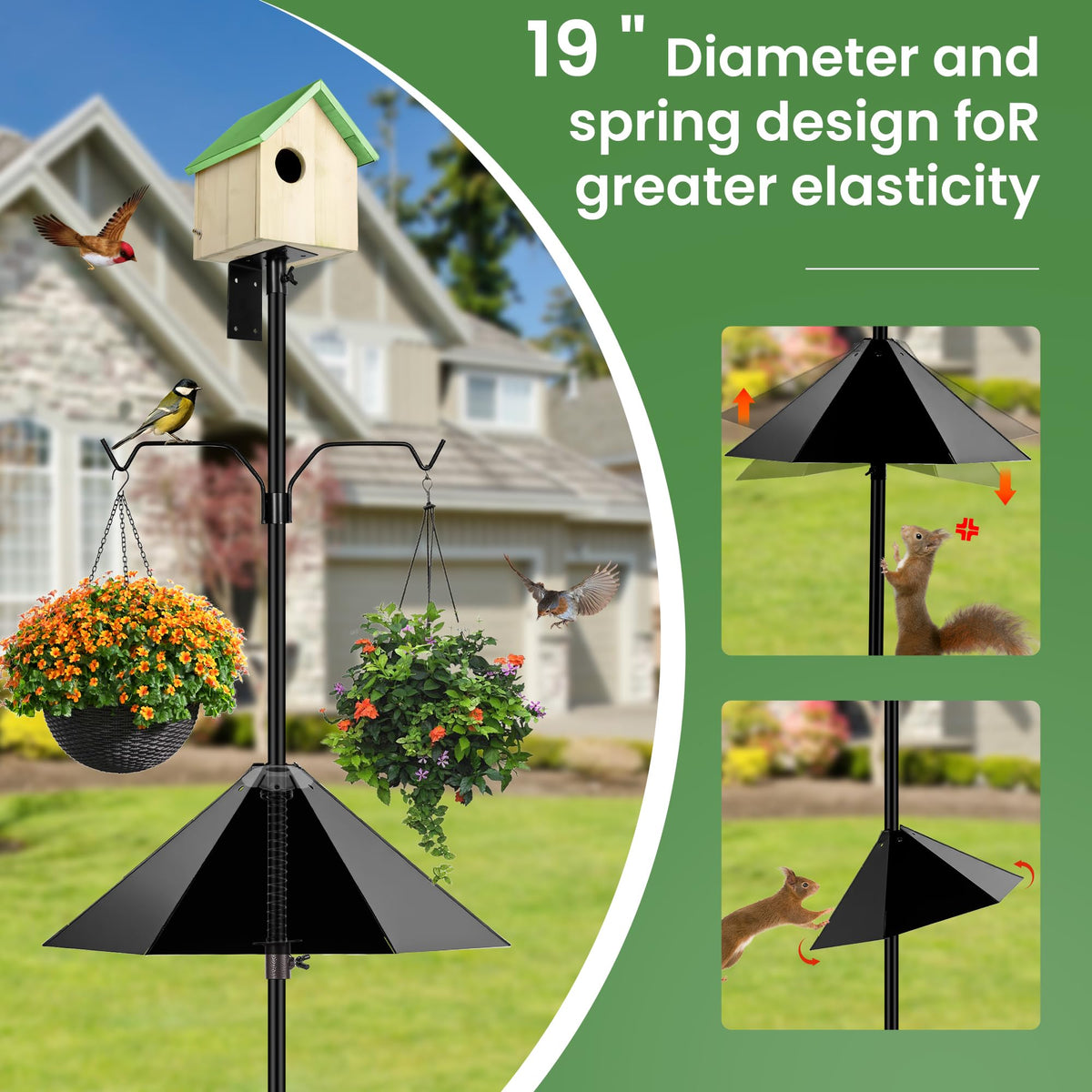 YINGYM squirrel-baffle with 19-inch diameter protects the feeding area.
