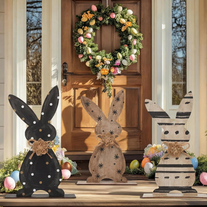 Yinkin Easter bunny sign wooden figure in black and white for outdoor porch display