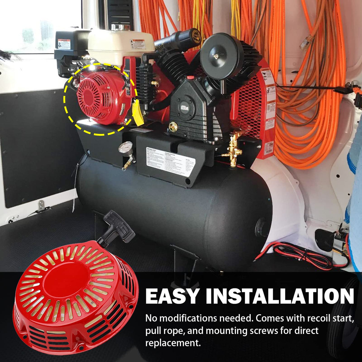 Recoil starter installed on a generator setup for quick re-starts
