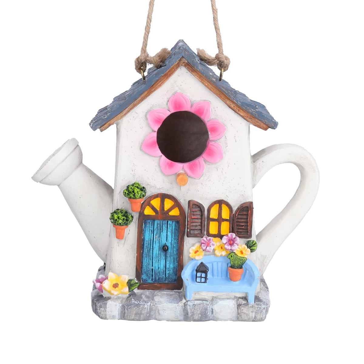 Yinns Bird House hanging outdoors for garden viewing