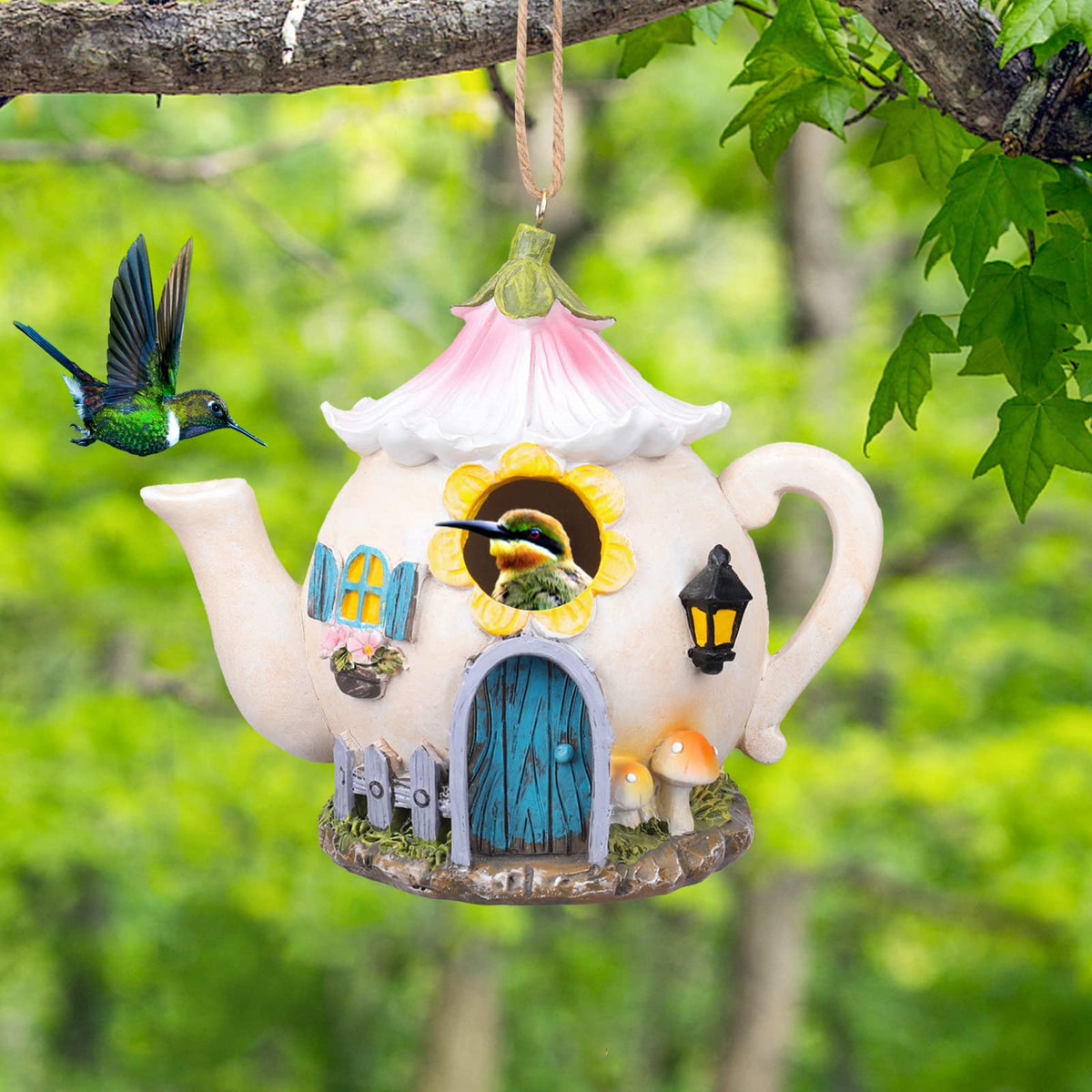 Yinns hanging bird house shows warm shelter against wind and rain for small birds.