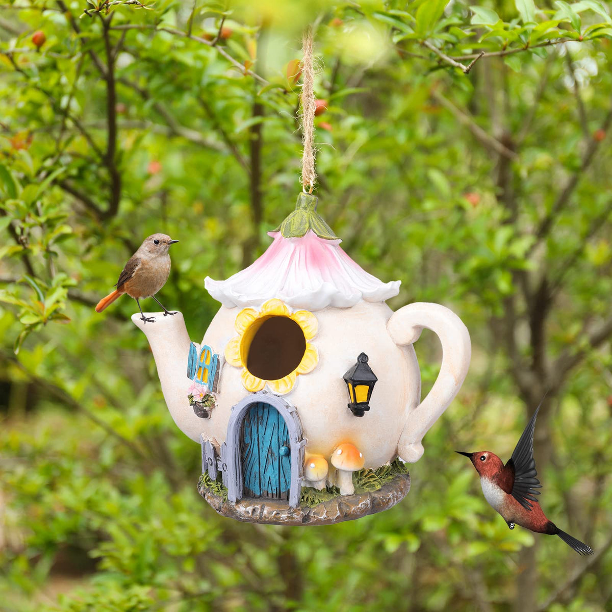 Yinns decorative bird house doubles as farmhouse décor while inviting guests for observation.