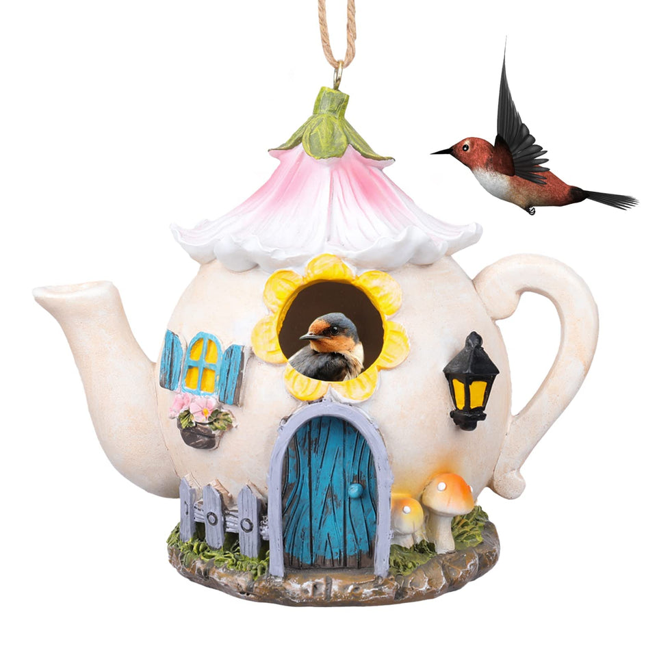 Yinns resin bird house hanging outdoors attracts bluebirds with realistic finish.