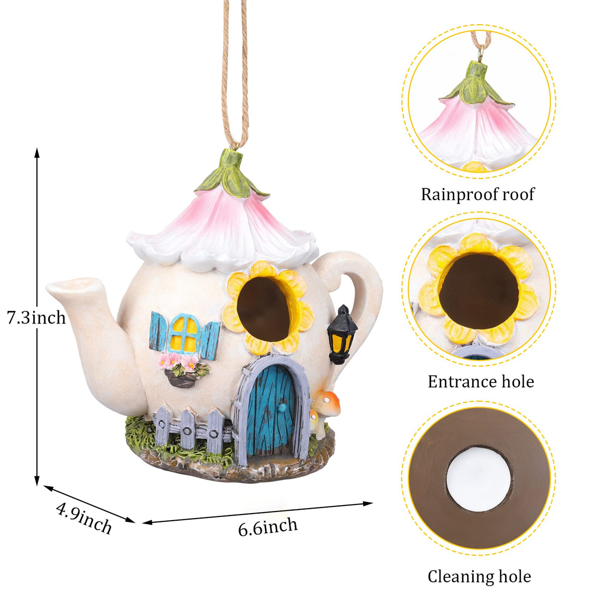 Yinns resin bird house features a secure jute hanging cord for easy placement.