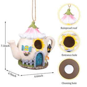 Yinns resin bird house features a secure jute hanging cord for easy placement.