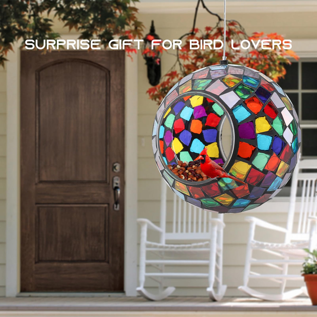 Yinns hanging mosaic bird feeder showcases glass design for outdoor décor.