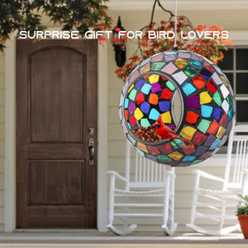 Yinns hanging mosaic bird feeder showcases glass design for outdoor décor.