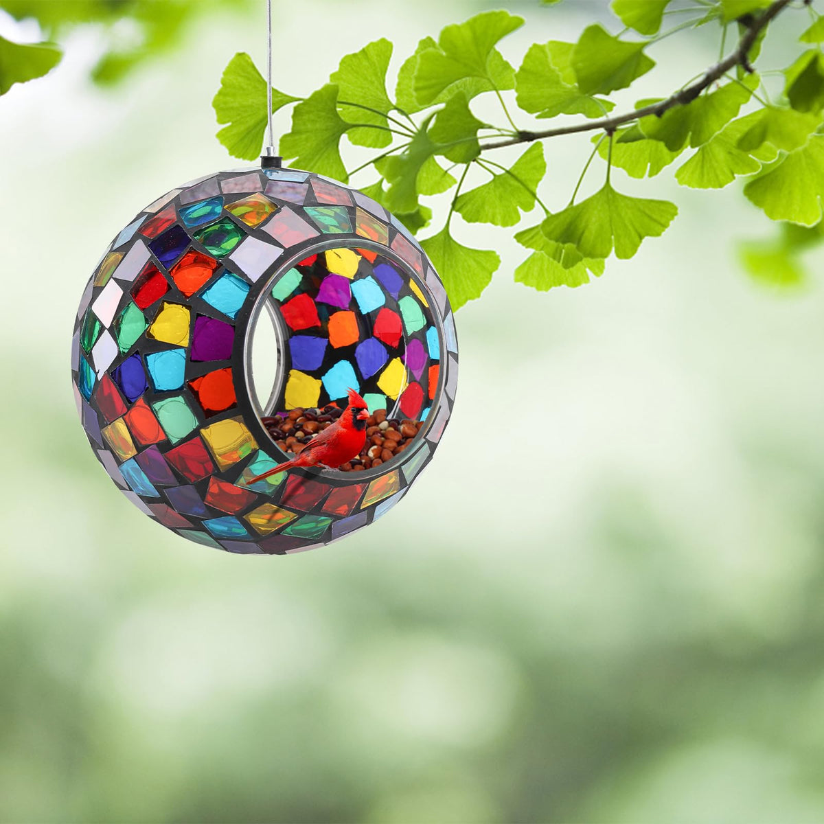 Yinns mosaic bird feeder adds color to garden and patio.