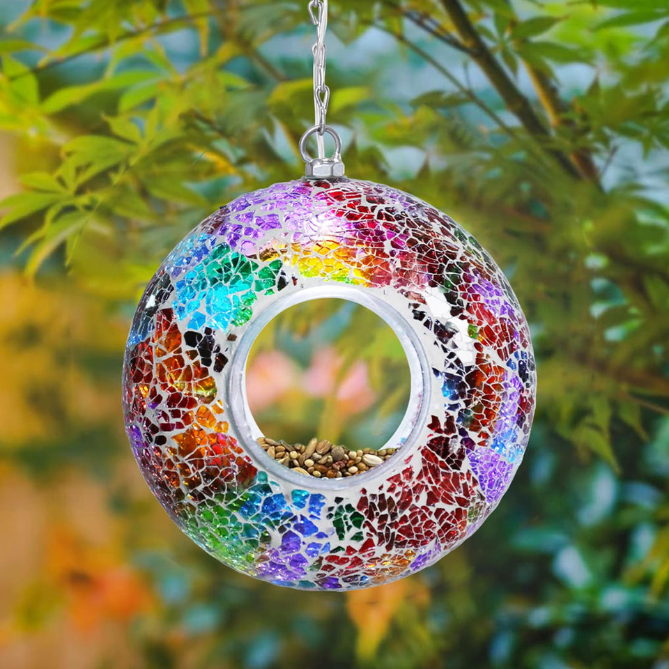 Yinns mosaic bird feeder round glass container inviting birds to feed in colorful garden decor