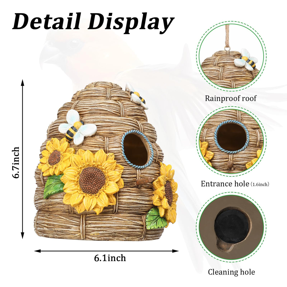 Yinns sunflower-thatch bird house entrance hole protects small birds from predators.
