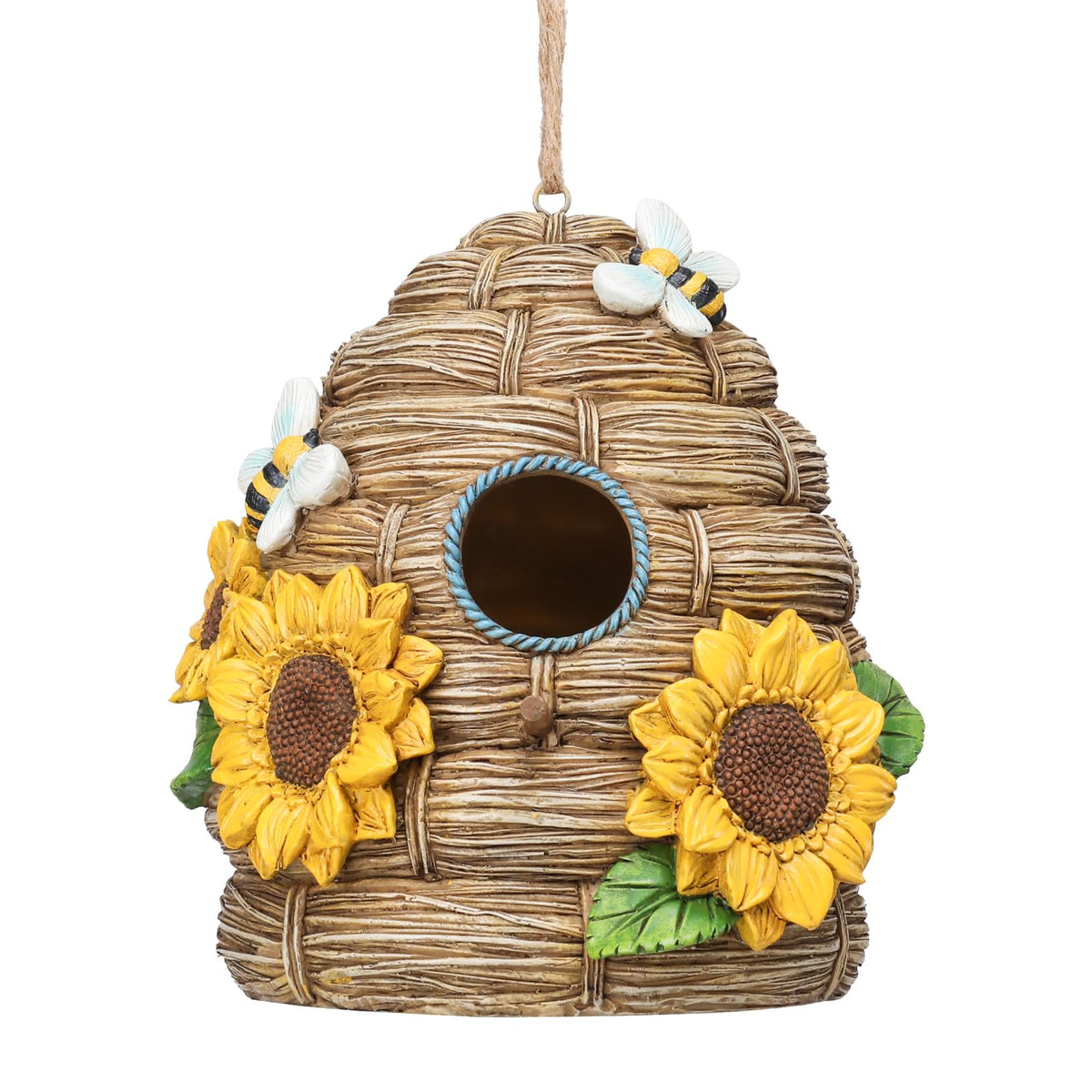 Yinns resin bird house exterior with sunflower thatch roof offers weatherproof shelter for yard birds.