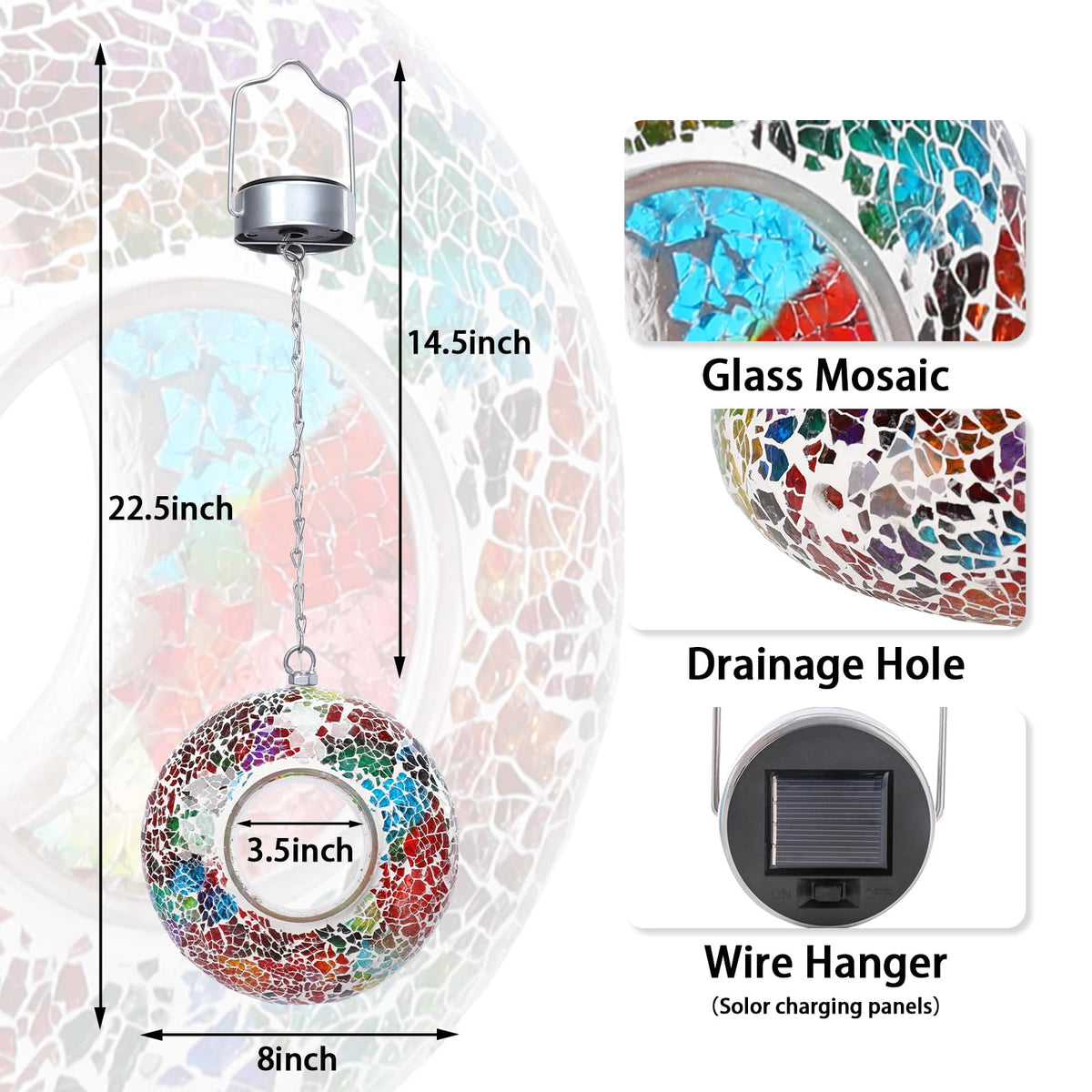 Yinns solar-powered bird feeder outdoors with decorative mosaic glass lighting at night