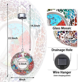 Yinns solar-powered bird feeder outdoors with decorative mosaic glass lighting at night