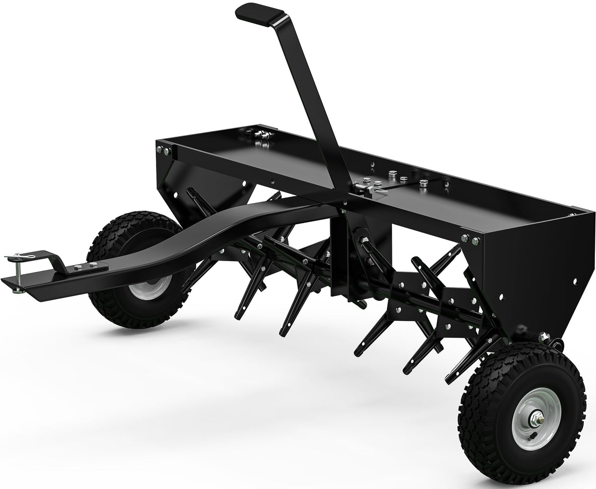 YINTATECH 40in tow-behind aerator demonstrates broad coverage for efficient lawn care.