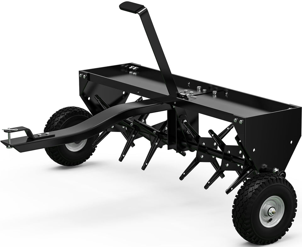 YINTATECH 40in tow-behind aerator demonstrates broad coverage for efficient lawn care.
