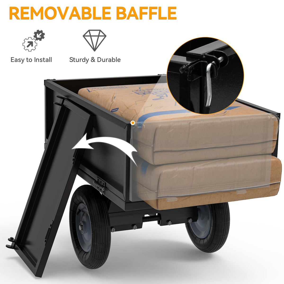 YINTATECH ATV dump trailer detachable tailgate enabling quick unloading.