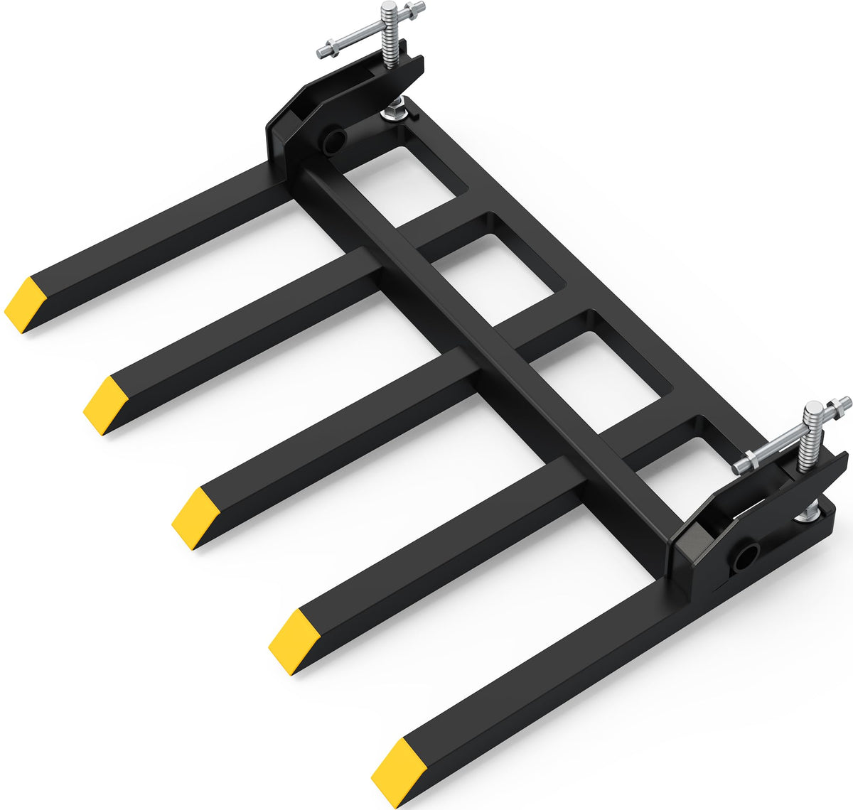 YINTATECH clamp-on debris forks mounted on a 48-inch bucket for heavy lifting