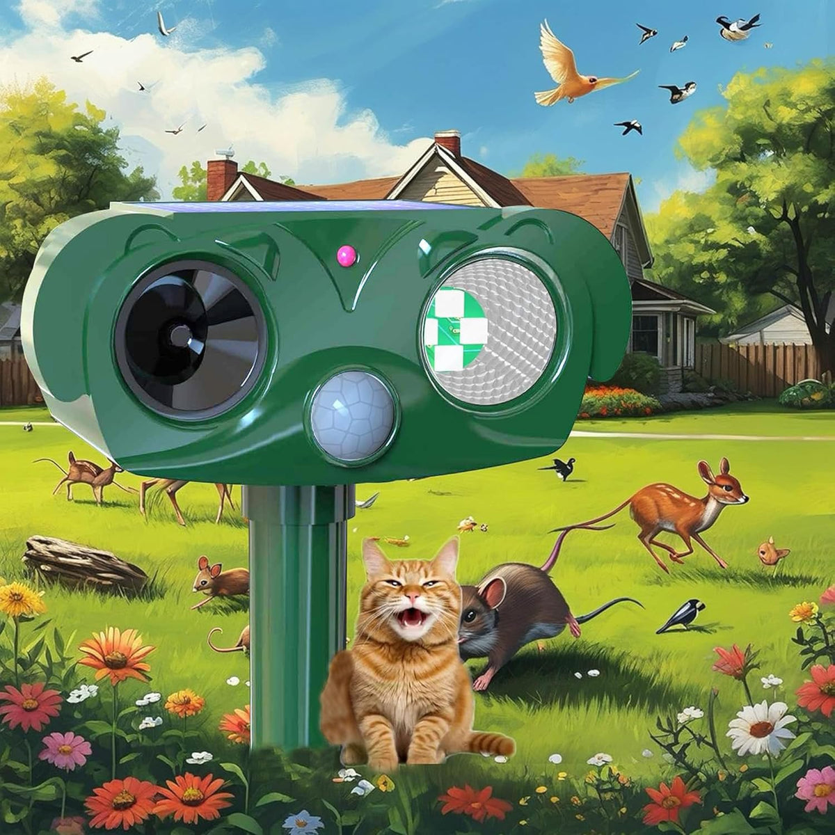 YIOBUDE Ultrasonic Cat Repellent with LED light deters nighttime pests in gardens