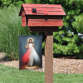 YISHOW Divine Mercy flag in garden setting with vibrant print.
