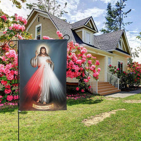 YISHOW Divine Mercy flag side angle showing durability outdoors.