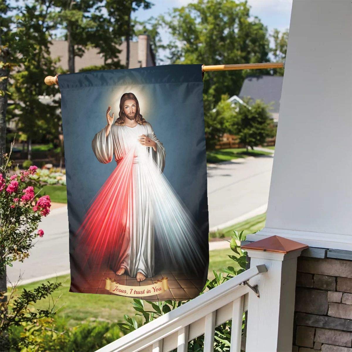YISHOW Divine Mercy garden flag fluttering in wind.