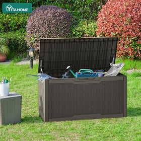 YITAHOME 100 Gallon deck box interior organized with cushions and tools