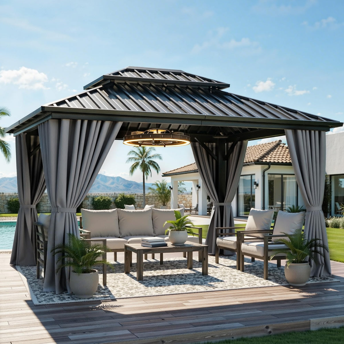 YITAHOME 10x12 ft hard-top gazebo in gray provides ample shelter for outdoor gatherings.