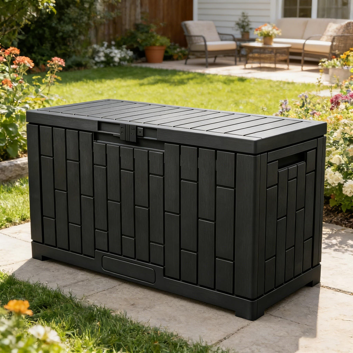 YITAHOME 60 gallon deck box front view for easy outdoor organization.