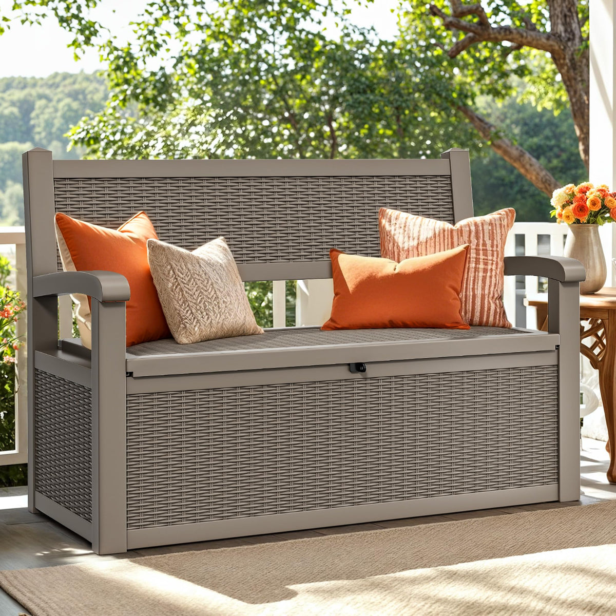YITAHOME 70-gallon deck bench storage with lid open showing spacious hidden space for cushions