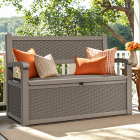 YITAHOME 70-gallon deck bench storage with lid open showing spacious hidden space for cushions