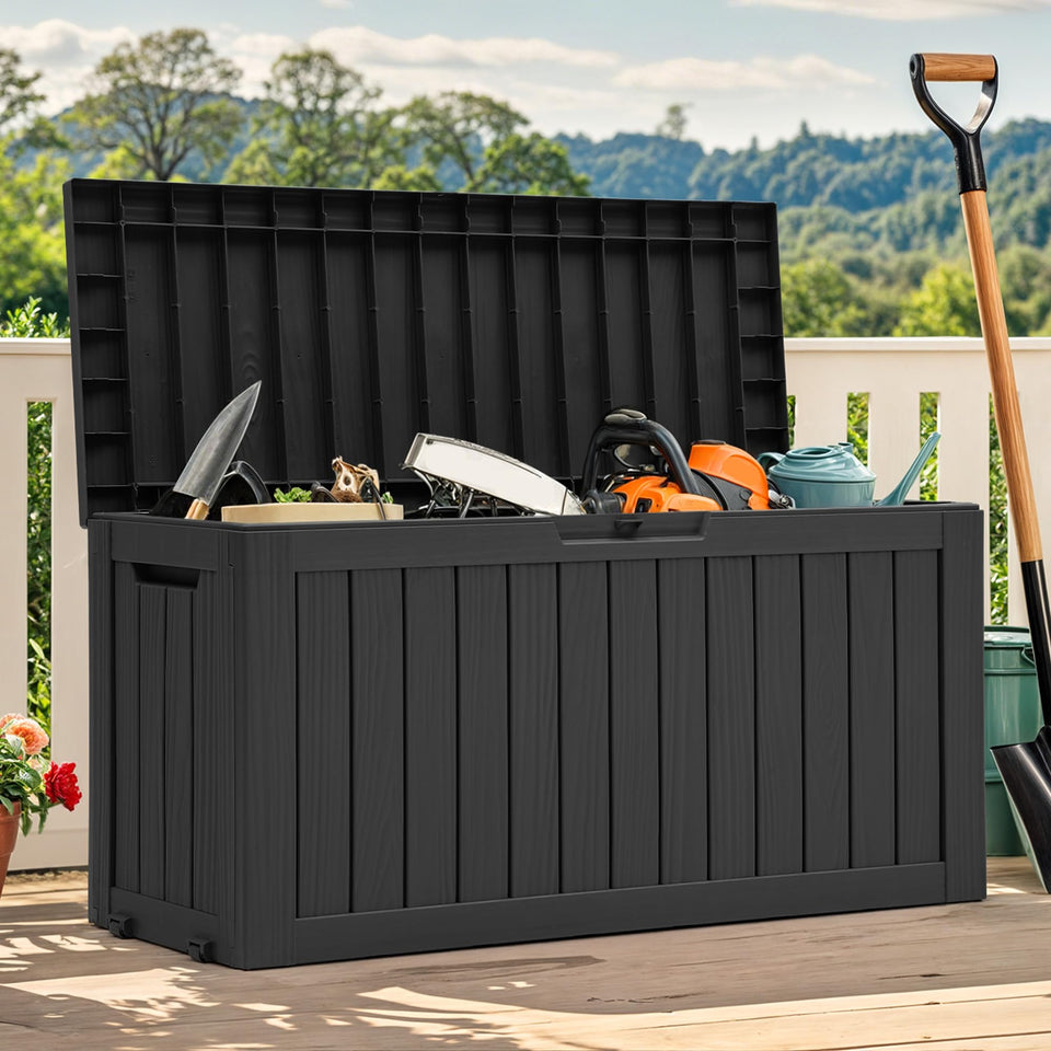 YITAHOME 72 gallon outdoor storage box with wheels for easy mobility around the patio.
