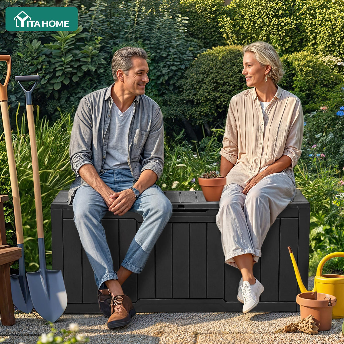 YITAHOME exterior deck box demonstrating weather-resistant resin for year-round outdoor use.