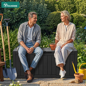 YITAHOME exterior deck box demonstrating weather-resistant resin for year-round outdoor use.