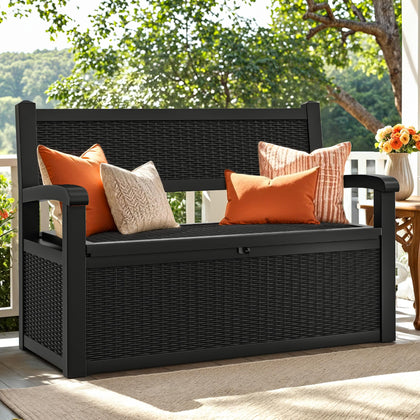 YITAHOME deck bench storage with open lid showing 70-gallon space for outdoor gear.