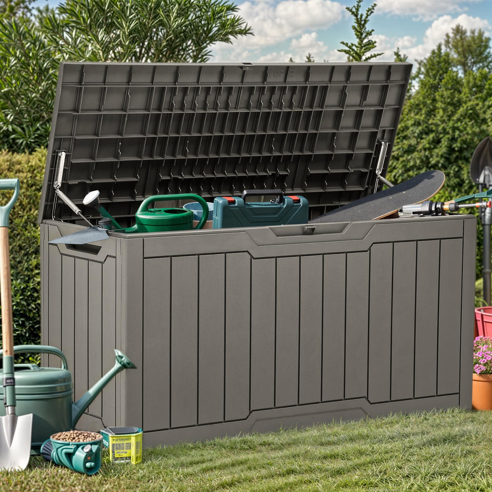 YITAHOME 80-Gallon deck box interior space for outdoor gear.