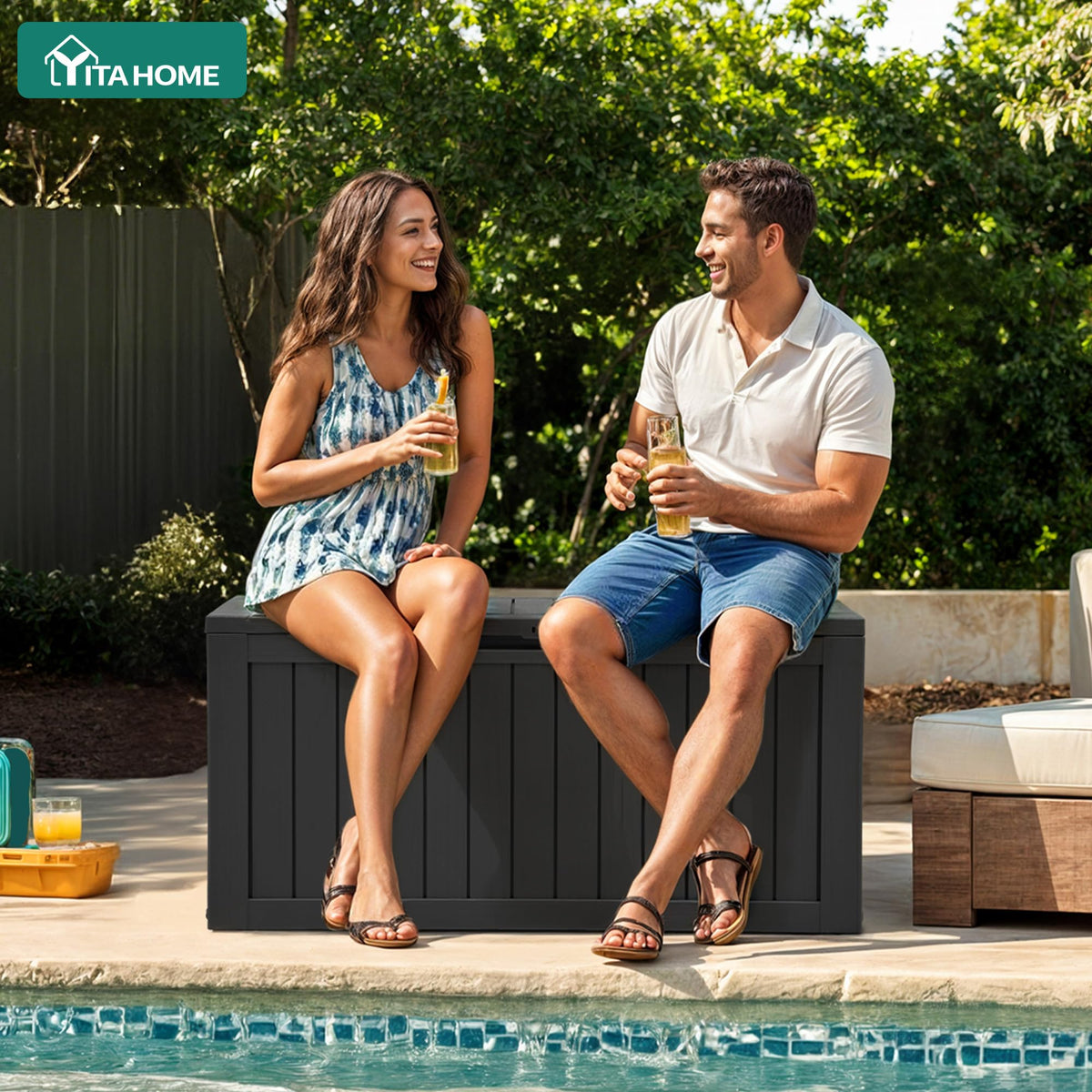 YITAHOME deck box exterior with wood texture finish for stylish storage outdoors.