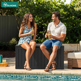 YITAHOME deck box exterior with wood texture finish for stylish storage outdoors.