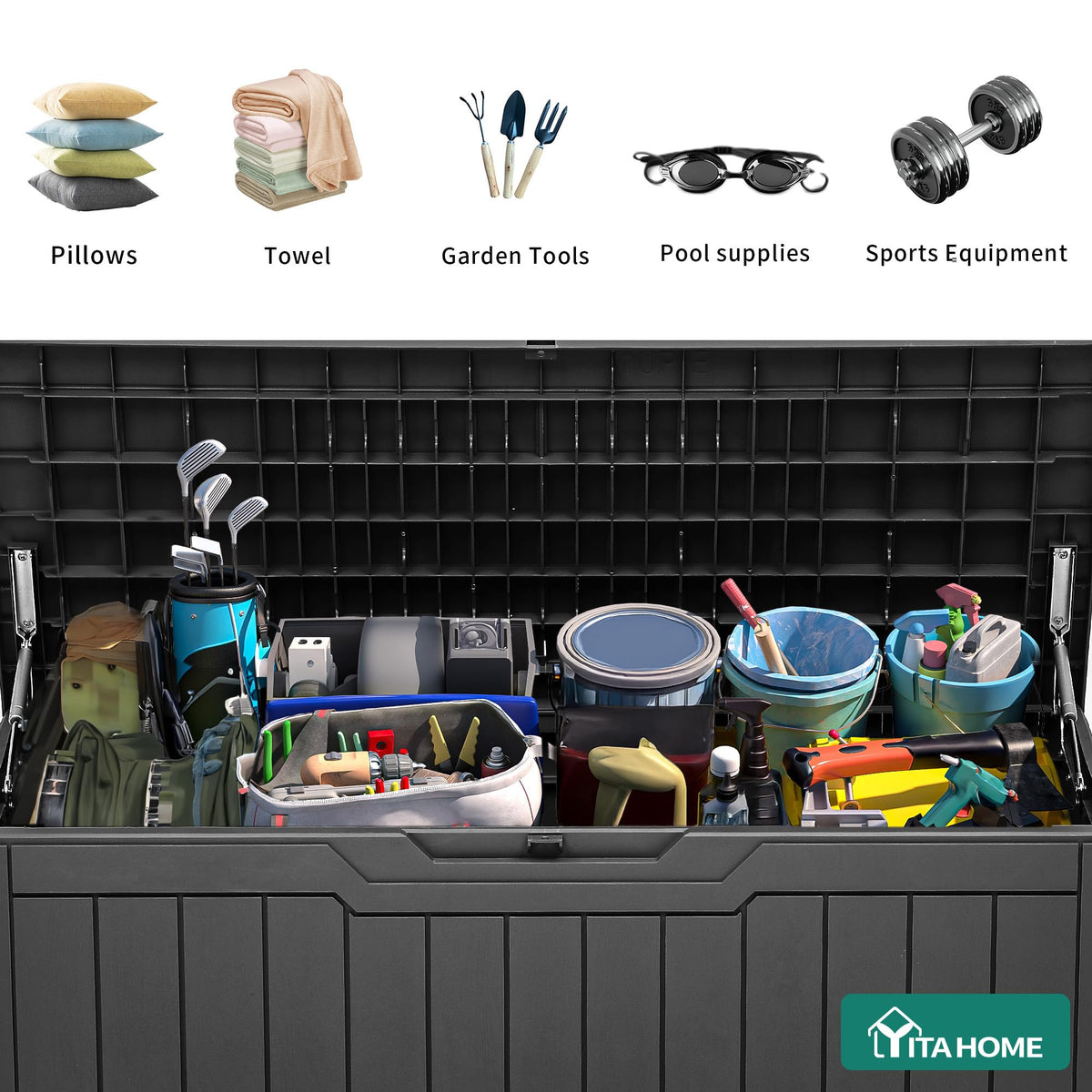 YITAHOME deck box with hydraulic struts for smooth opening.