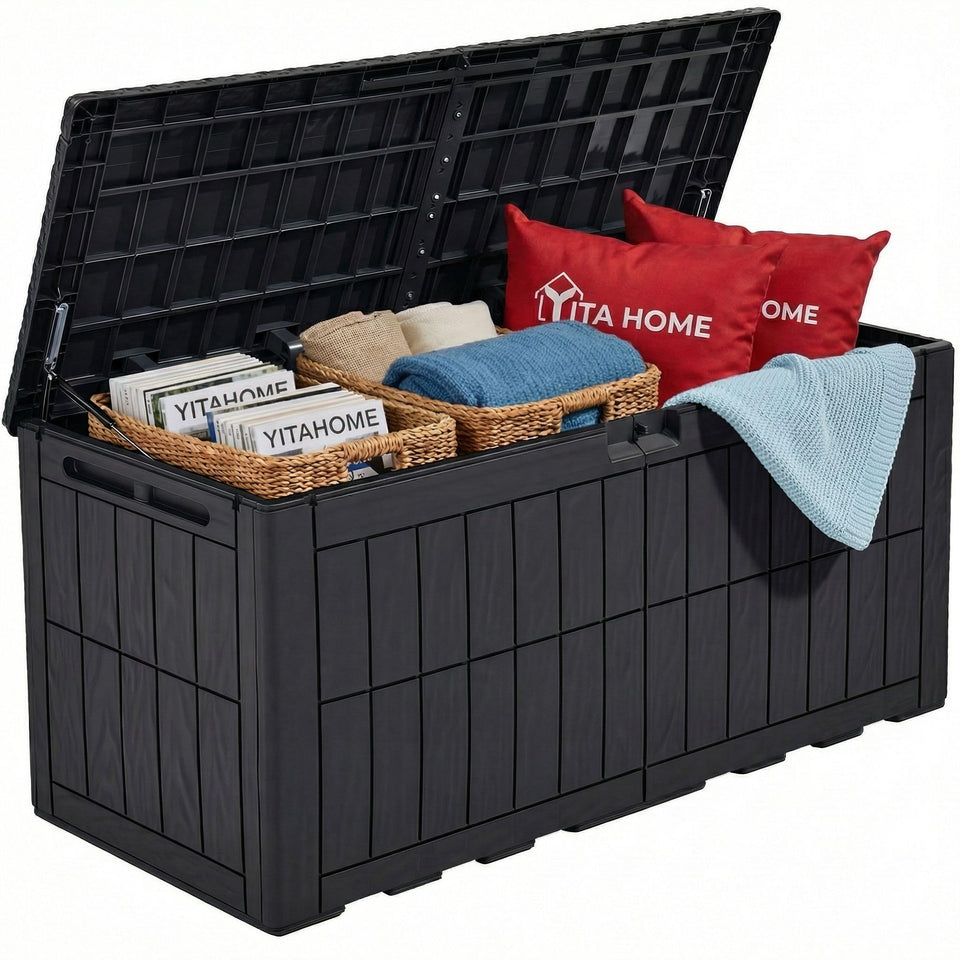 YITAHOME deck box lid with hydraulic piston enabling gentle, safe opening