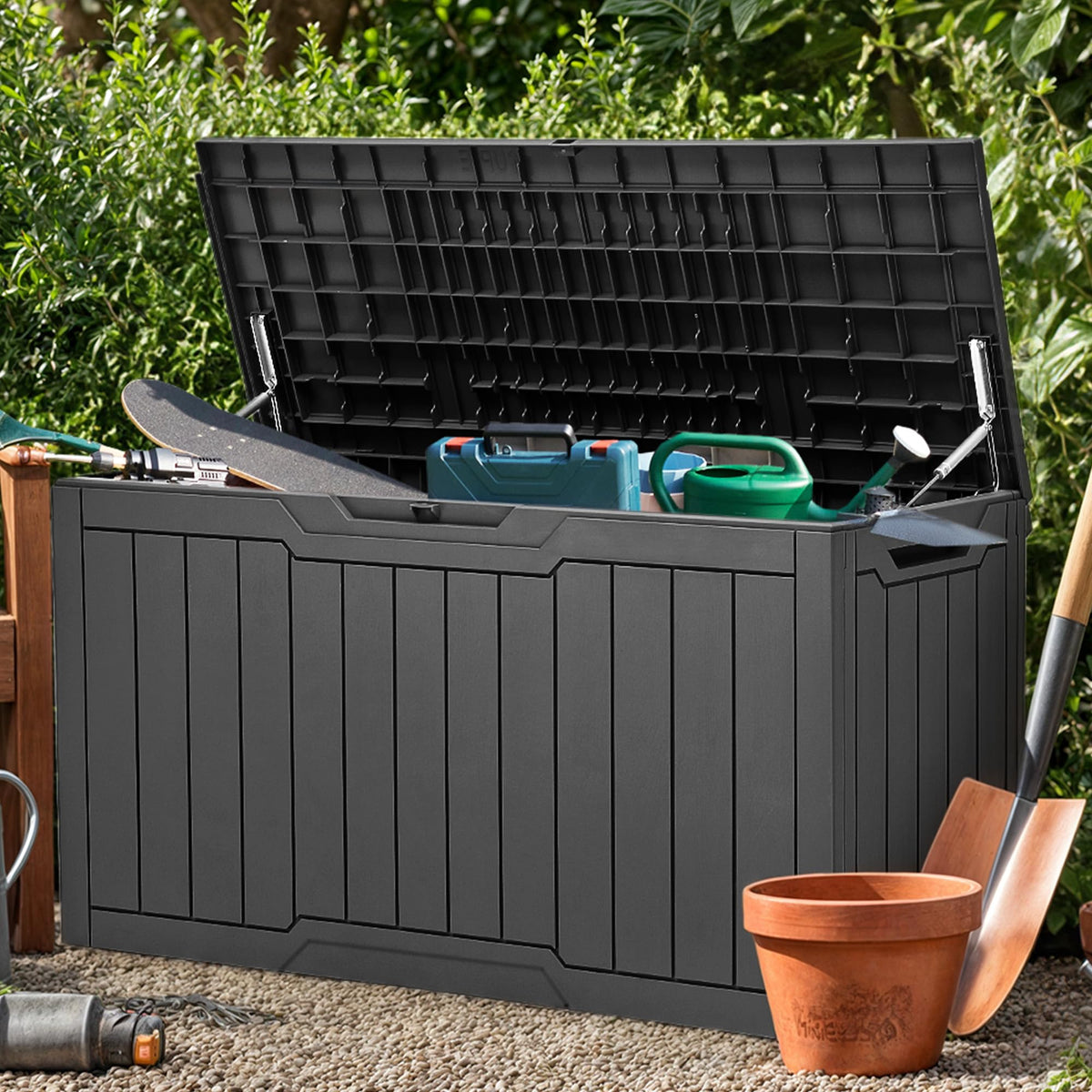 YITAHOME deck box with lock keeps outdoor items secure.