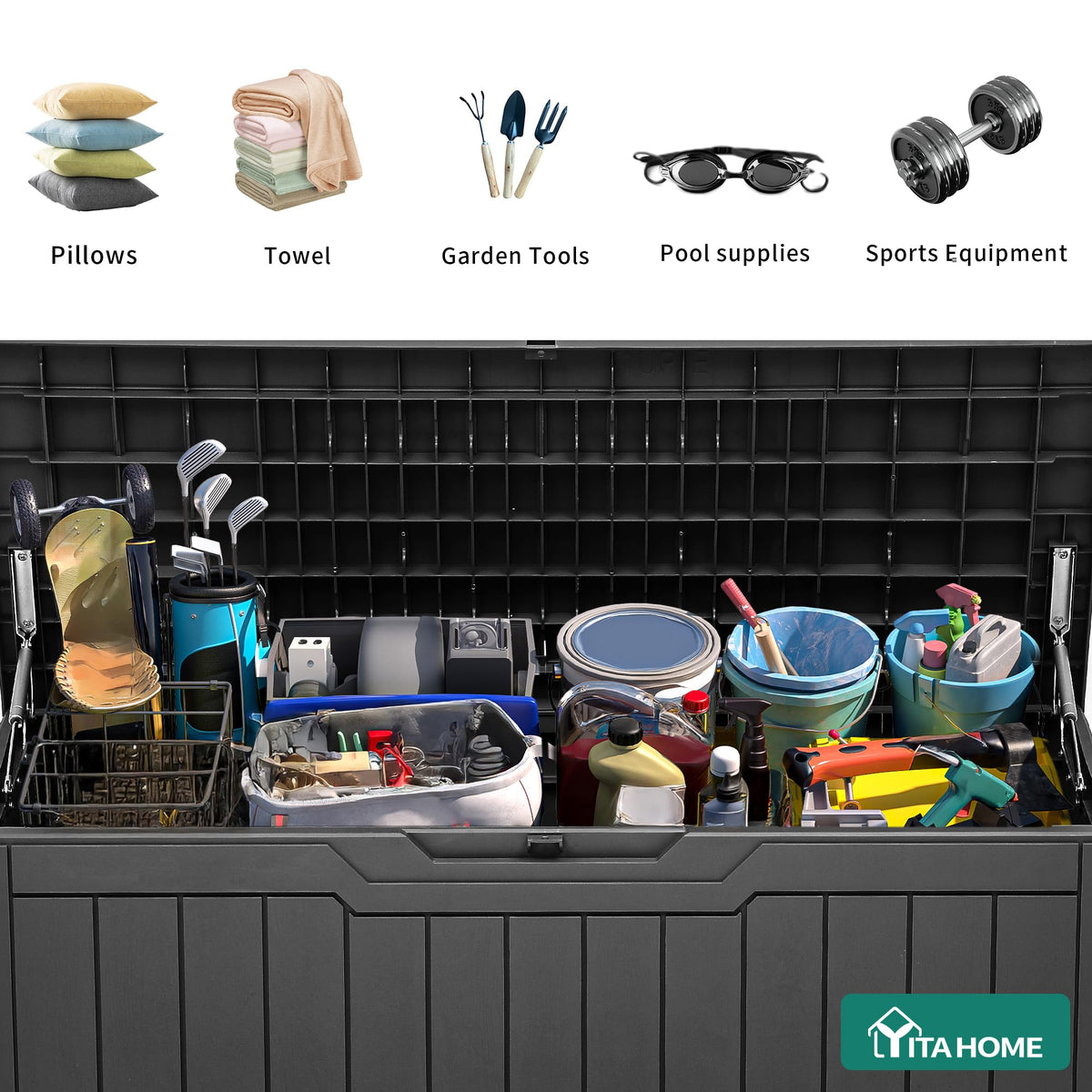 YITAHOME bench-capable deck box doubles as outdoor seating.
