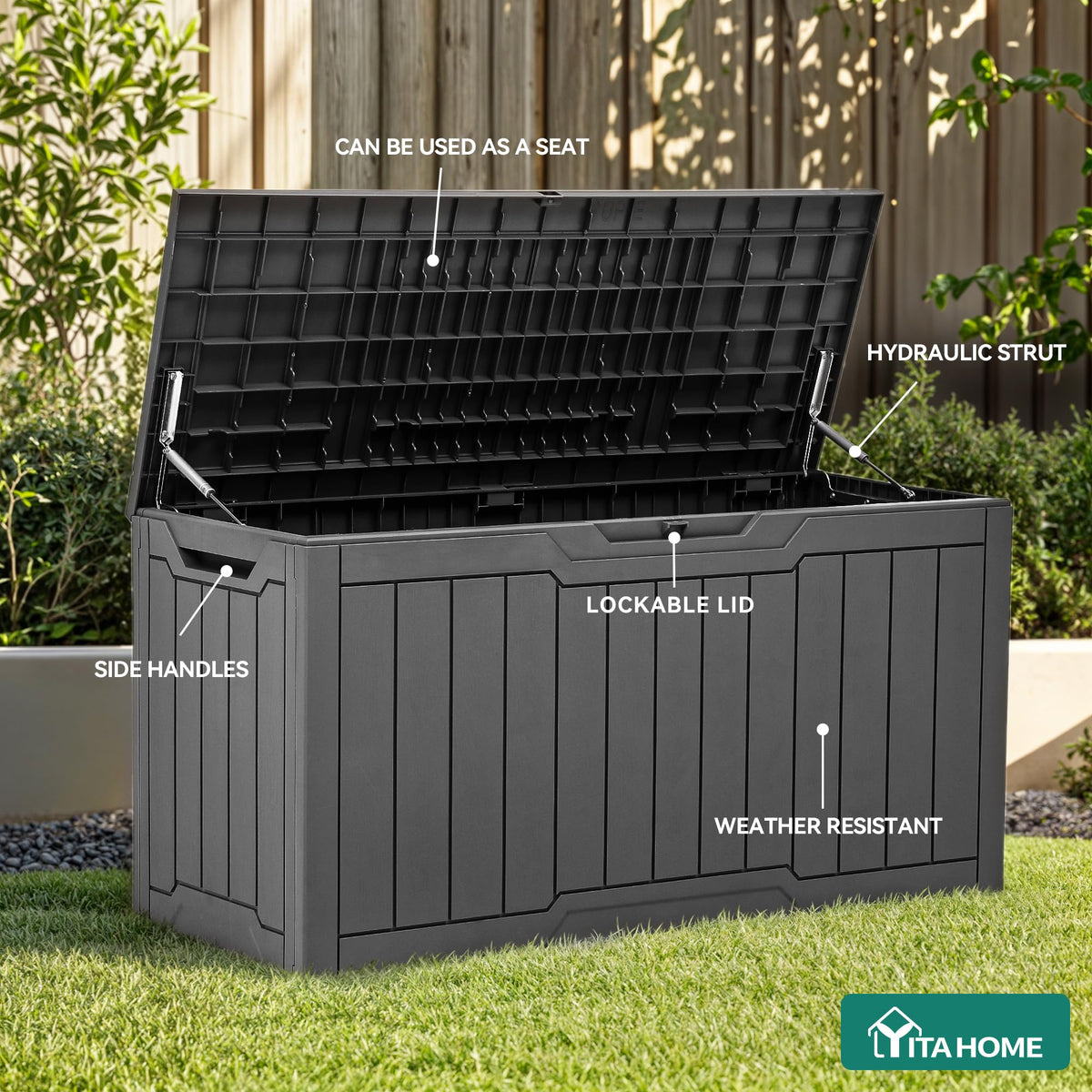 YITAHOME deck box with built-in side handles for easy transport.
