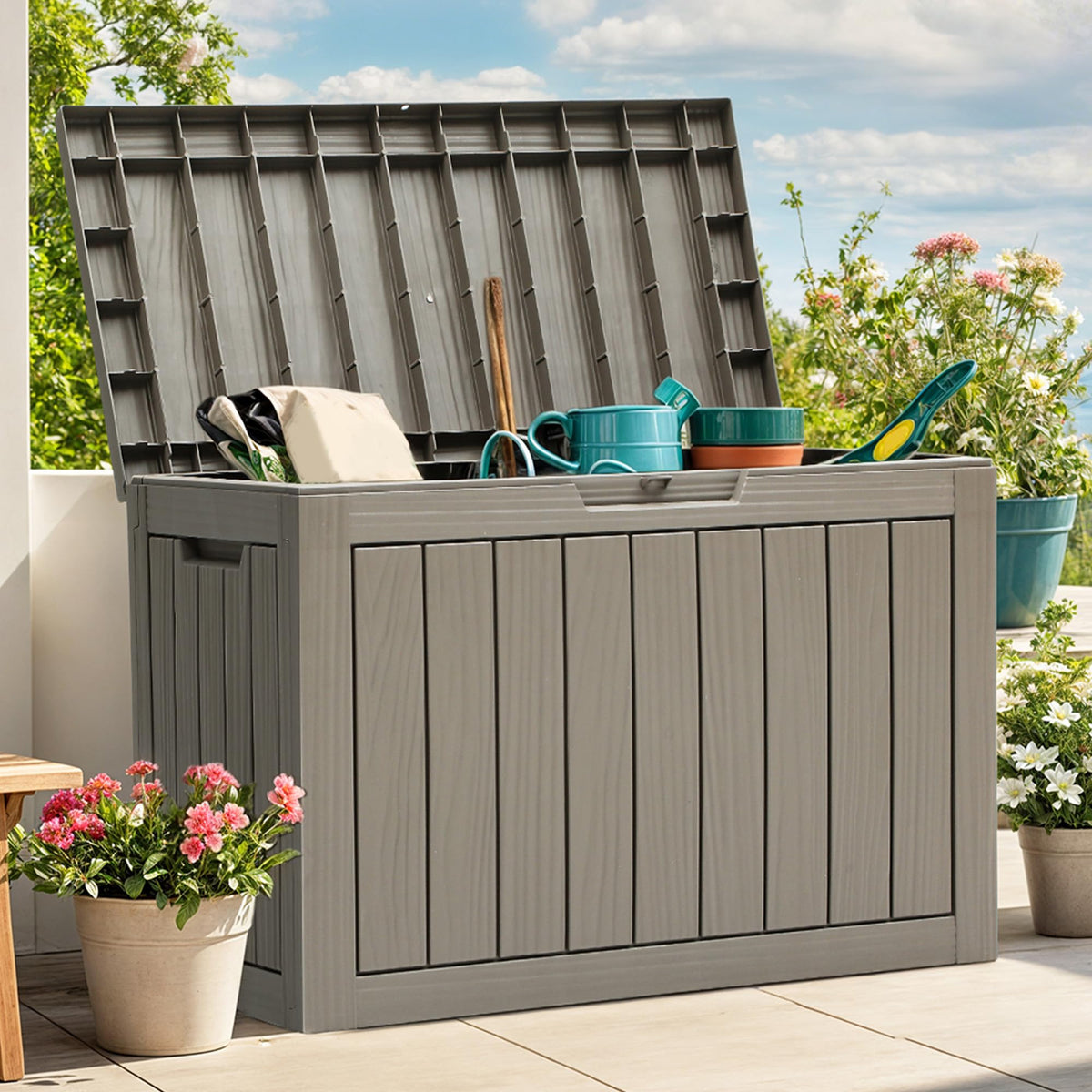 YITAHOME deck box used as a side table beside seating