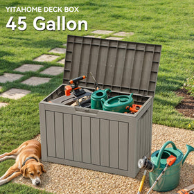 YITAHOME deck box with wood-grain finish adds style and storage