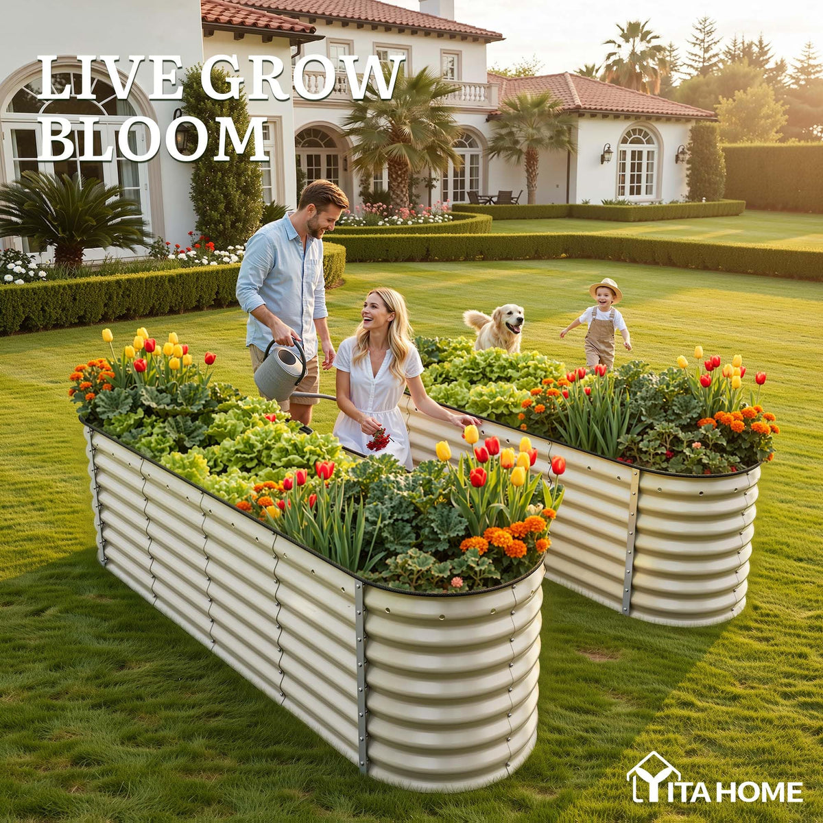 YITAHOME galvanized metal planter shows 9-in-1 modular setup.